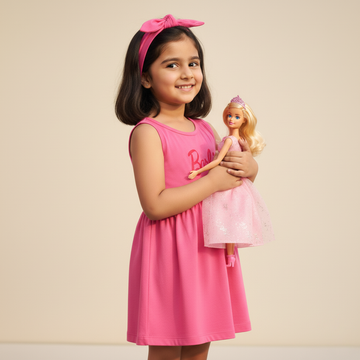 PINK WITH HAIR BAND BARBIE PRINT FROCK FOR GIRLS